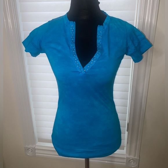 Swarovski Crystal Embellished Cross T Shirt For Women, Blue Short Sleeve Shirt - Picture 7 of 16
